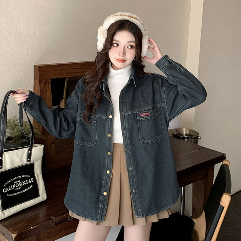 Women's Fleece-Lined Denim Shirt Jacket Korean Vintage Style Long Sleeve - Image 2