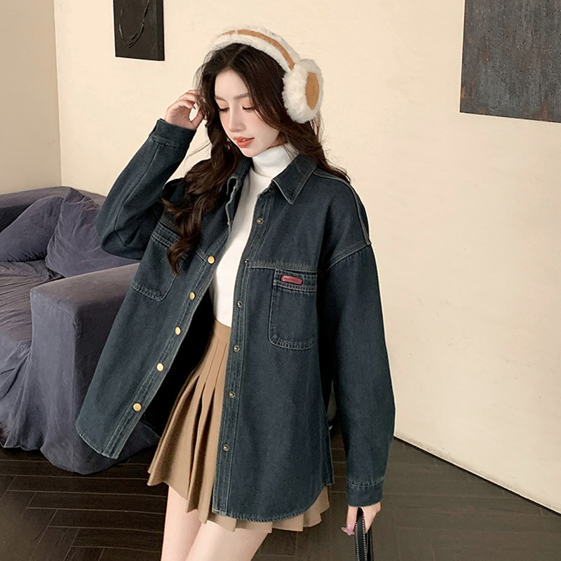 Women's Fleece-Lined Denim Shirt Jacket Korean Vintage Style Long Sleeve - Image 3