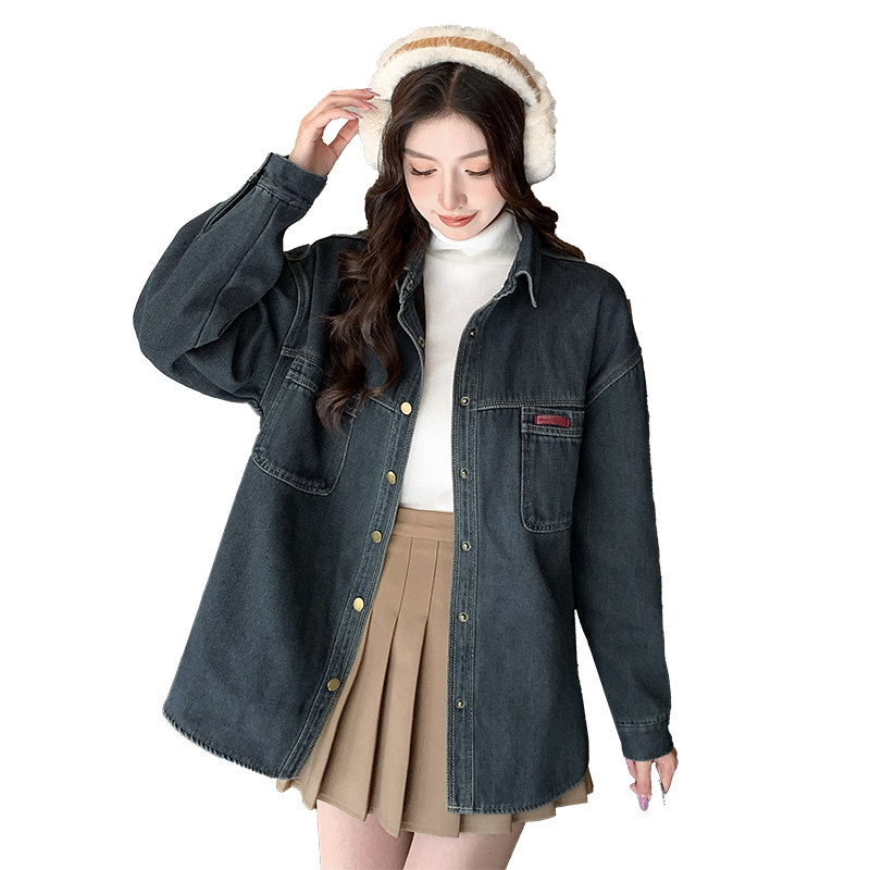 Women's Fleece-Lined Denim Shirt Jacket Korean Vintage Style Long Sleeve - Image 5