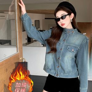 Women's Fleece-Lined Denim Shirt Jacket with Stand Collar - Korean Retro Style