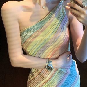Sleeveless Knitted One-Shoulder Bodycon Dress Women Summer Cinched Waist Vacation Mini