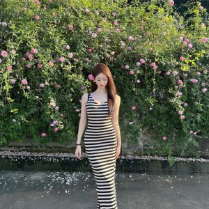 V-Neck Striped Knit Bodycon Dress with Waist Shaping