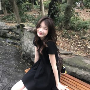 Black Waist-Cinching Knit Dress Women Summer Slimming Short Sleeve Short Dress - Style 5afeb6
