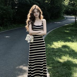 Korean Style Striped Knitted Cami Dress Slimming Bodycon Summer Vacation Long Dress