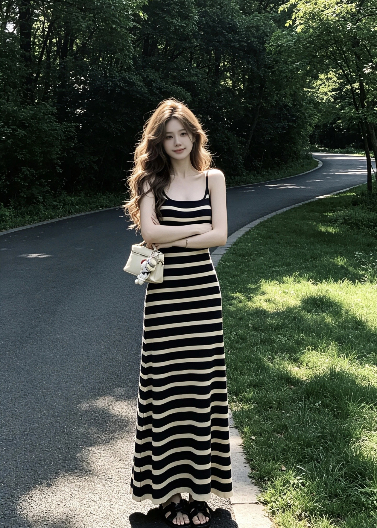 Korean Style Striped Knitted Cami Dress Slimming Bodycon Summer Vacation Long Dress