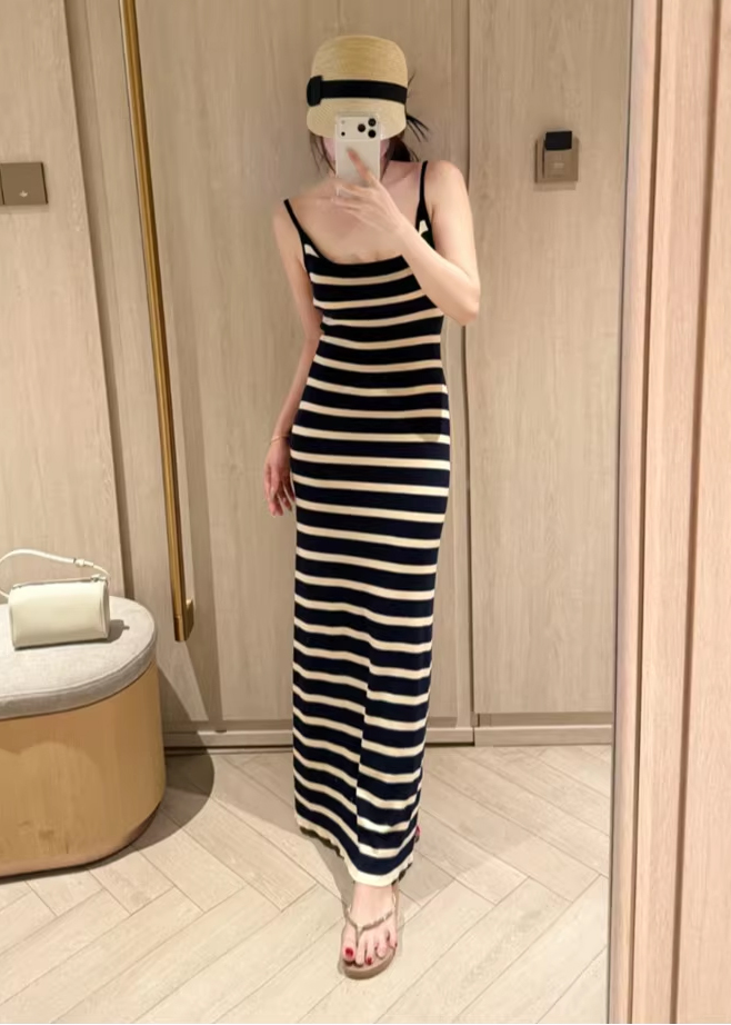 Korean Style Striped Knitted Cami Dress Slimming Bodycon Summer Vacation Long Dress - Image 4