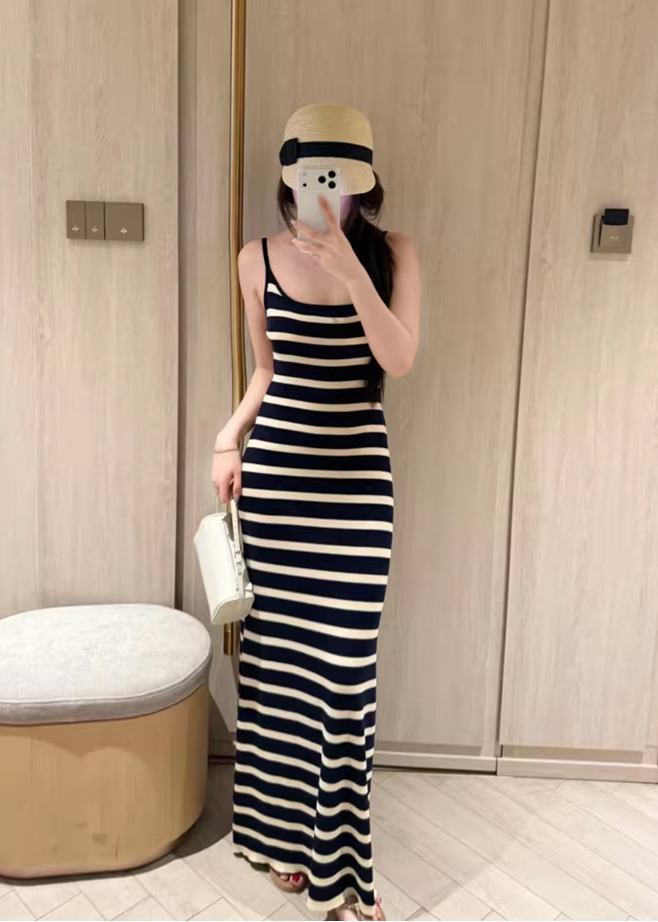Korean Style Striped Knitted Cami Dress Slimming Bodycon Summer Vacation Long Dress - Image 2