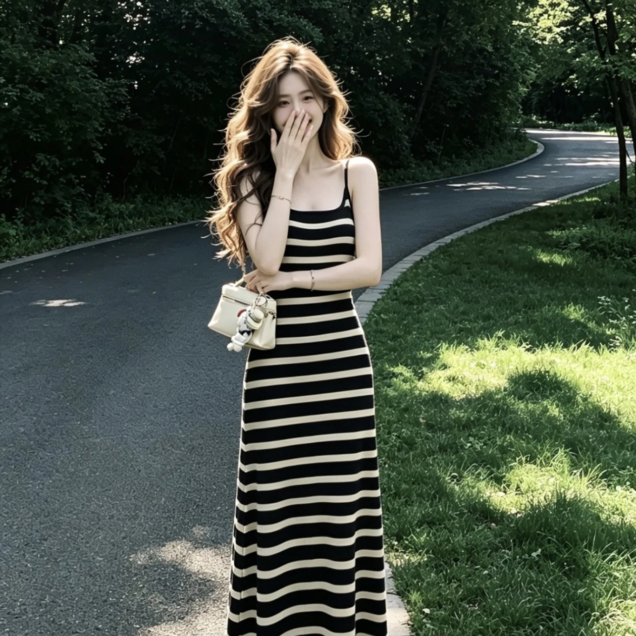Korean Style Striped Knitted Cami Dress Slimming Bodycon Summer Vacation Long Dress - Image 5
