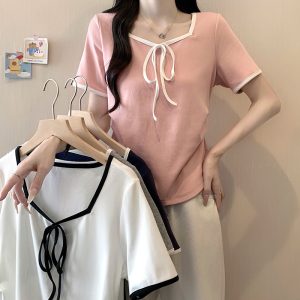 2026 Summer Plus Size Women's Color Block Bow Waist Cinched Curved Hem Short Sleeve T-Shirt