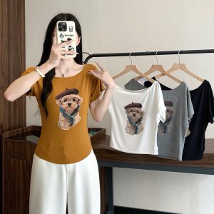 Plus Size Women Summer 2026 Asymmetric Off-Shoulder Printed Dog Short Sleeve T-Shirt