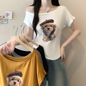 Plus Size Asymmetric Off-Shoulder Dog Print Short Sleeve T-Shirt Summer 2026