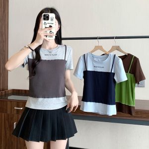 Plus Size Women's Color Block Faux Two-Piece Short Sleeve T-Shirt Summer 2026 - Style f9d413