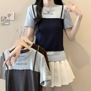 Plus Size Women's Color Block Faux Two-Piece Short Sleeve T-Shirt Summer 2026 - Style f9d43c