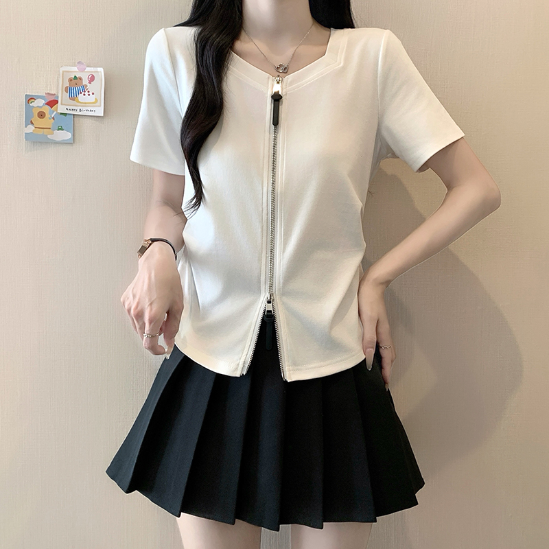 Plus Size Women's Summer 2026 Short Sleeve Double Zipper Curved Waist Top - Image 4