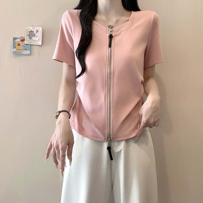 Plus Size Women's Summer 2026 Short Sleeve Double Zipper Curved Waist Top - Image 2