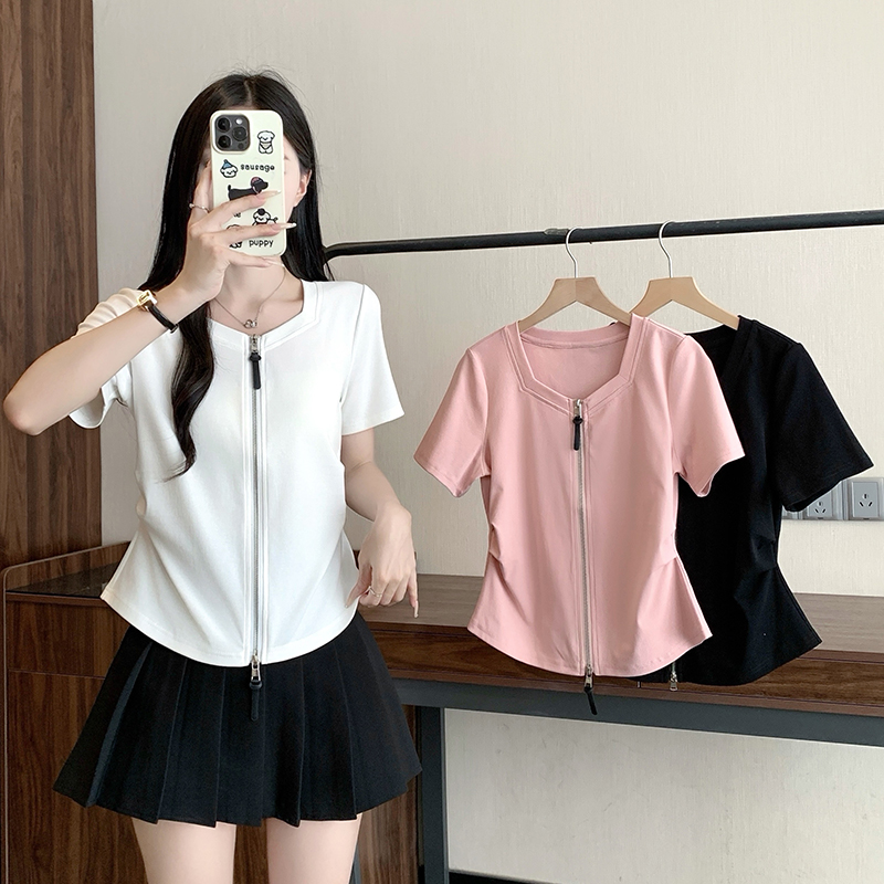 Plus Size Women's Summer 2026 Short Sleeve Double Zipper Curved Waist Top