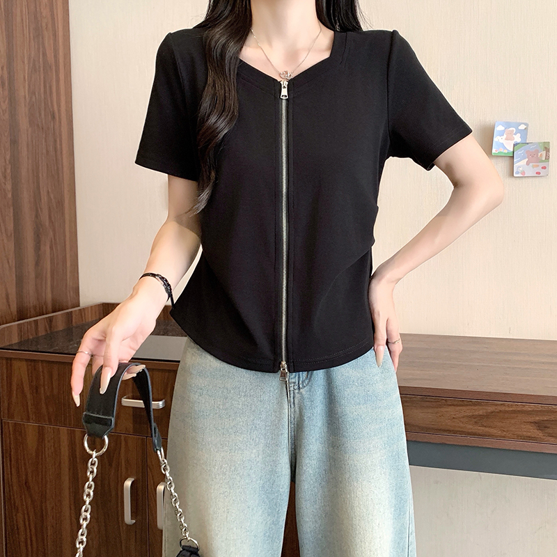 Plus Size Women's Summer 2026 Short Sleeve Double Zipper Curved Waist Top - Image 3