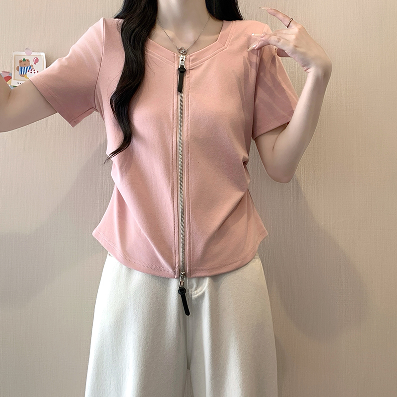 Plus Size Women's Summer 2026 Short Sleeve Double Zipper Curved Waist Top - Image 5