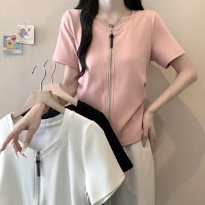 2026 Summer Plus Size Women's Korean Style Double Zipper Curved Waist Short Sleeve Top