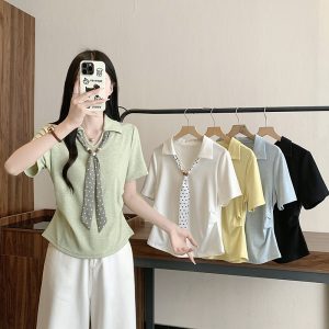 2026 Summer Plus Size Women's Korean Style Tie-Front Turn-Down Collar Cinched Waist Curved Hem Short Sleeve T-Shirt