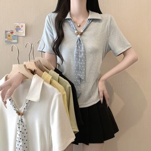 Plus Size Women's Korean Style Tie-Front Turn-Down Collar Cinched Waist Curved Hem Short Sleeve T-Shirt Summer 2026
