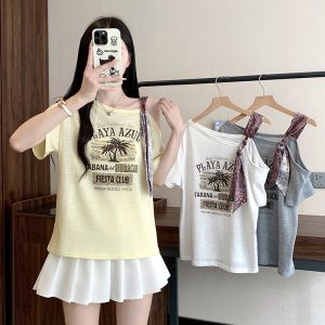 Plus Size Women's Off-Shoulder Printed Short-Sleeve T-Shirt Summer 2026