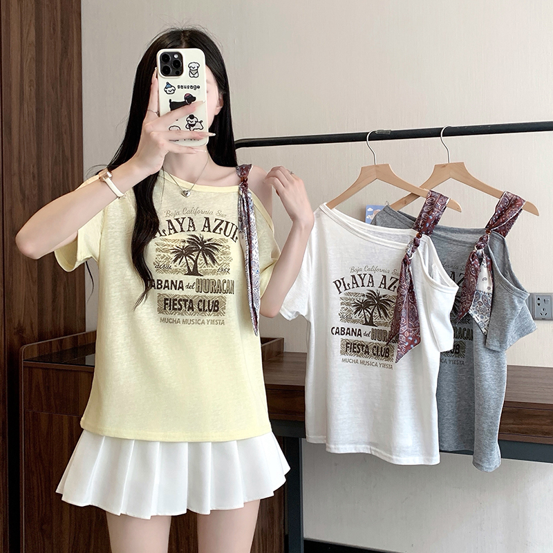 Plus Size Women's Off-Shoulder Printed Short-Sleeve T-Shirt Summer 2026