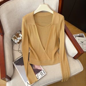 Women's Faux Two-Piece Knit Top with Polo Collar and Long Sleeves - Style 3ac60f