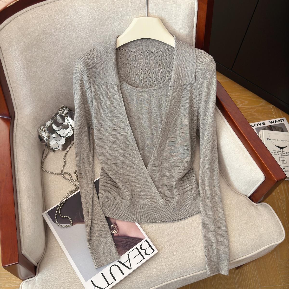 Women's Faux Two-Piece Knit Top with Polo Collar and Long Sleeves - Style 3ac60f - Image 2