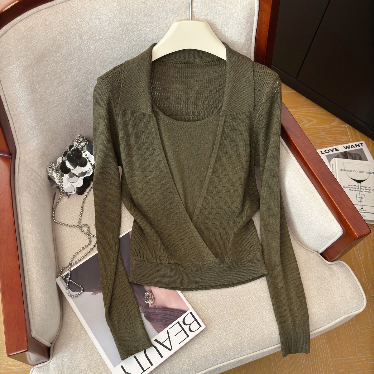 Women's Faux Two-Piece Knit Top with Polo Collar and Long Sleeves - Style 3ac60f - Image 3