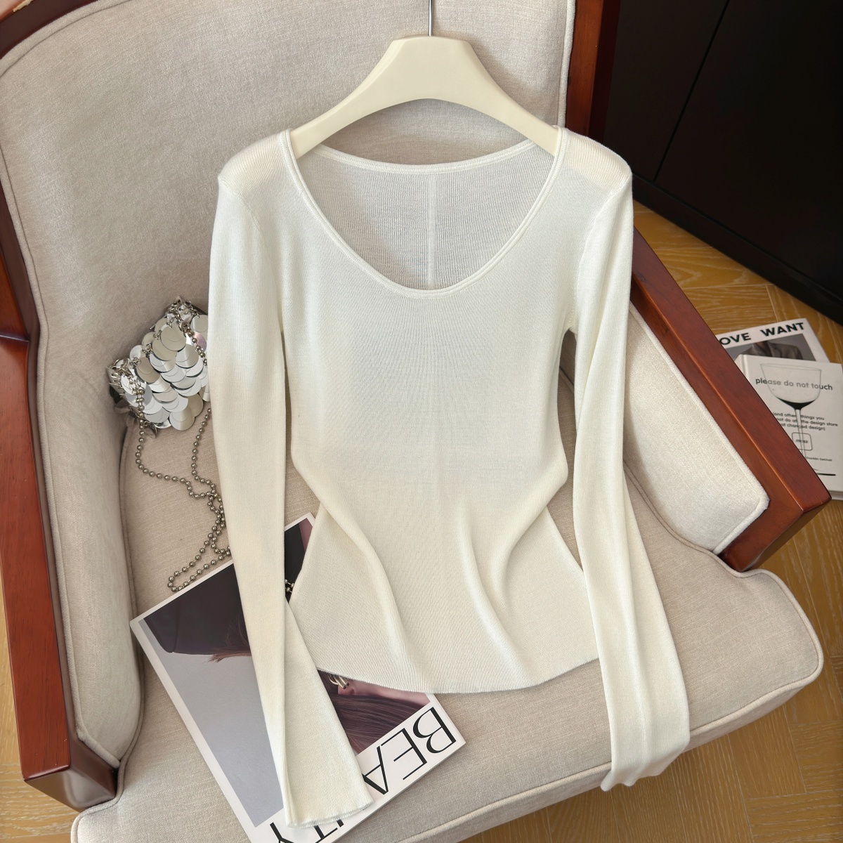 Classic Solid Color Knit Long Sleeve Top Soft Comfortable Fall Base Layer - Image 3