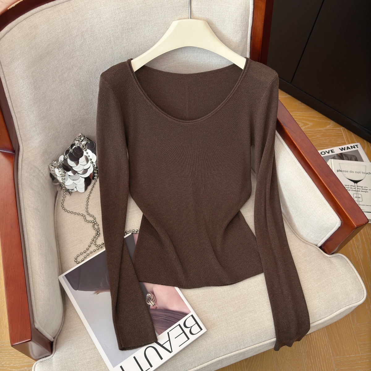 Classic Solid Color Knit Long Sleeve Top Soft Comfortable Fall Base Layer - Image 4