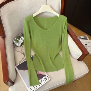 Classic Solid Color Knit Long Sleeve Top Soft Comfortable Fall Base Layer
