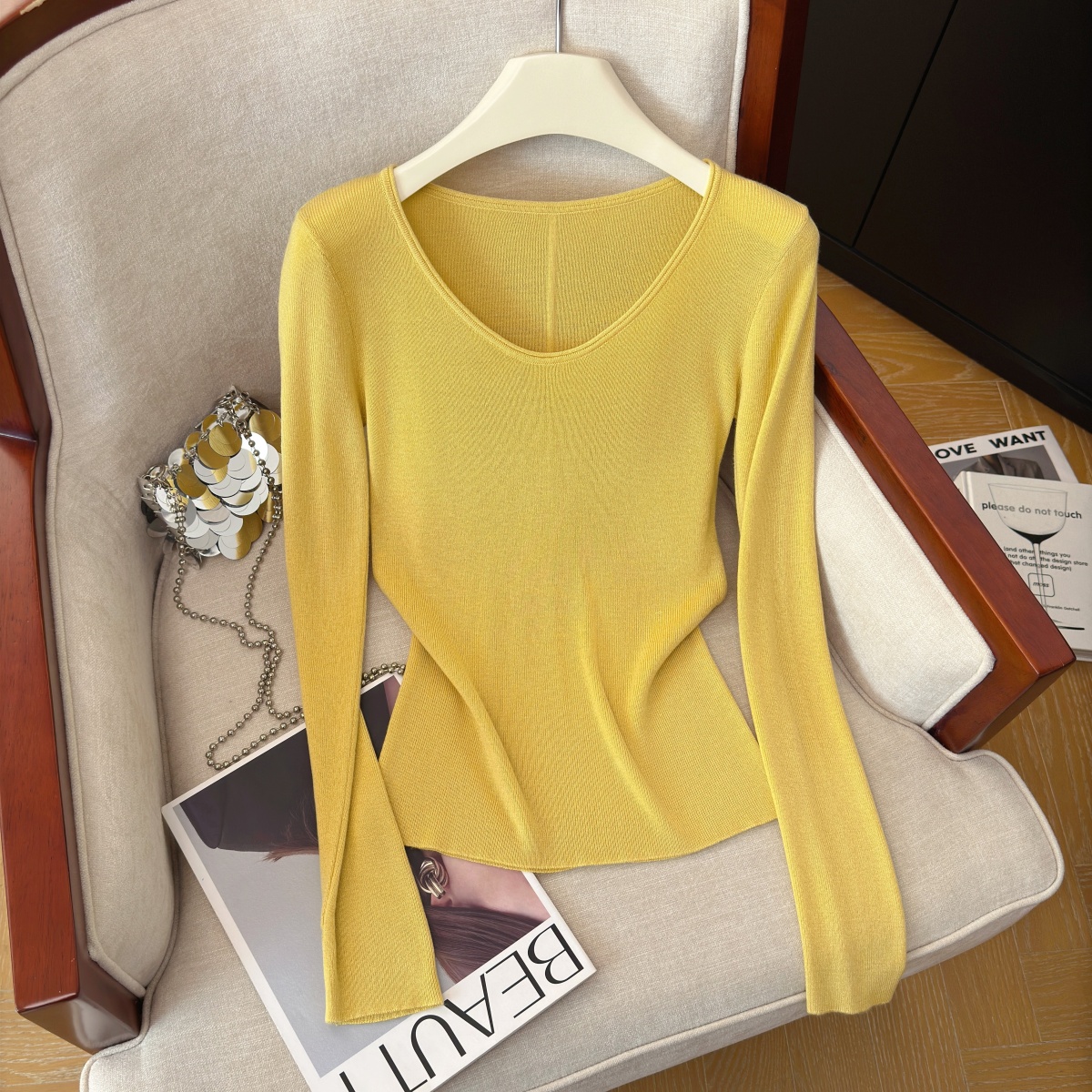 Classic Solid Color Knit Long Sleeve Top Soft Comfortable Fall Base Layer - Image 2