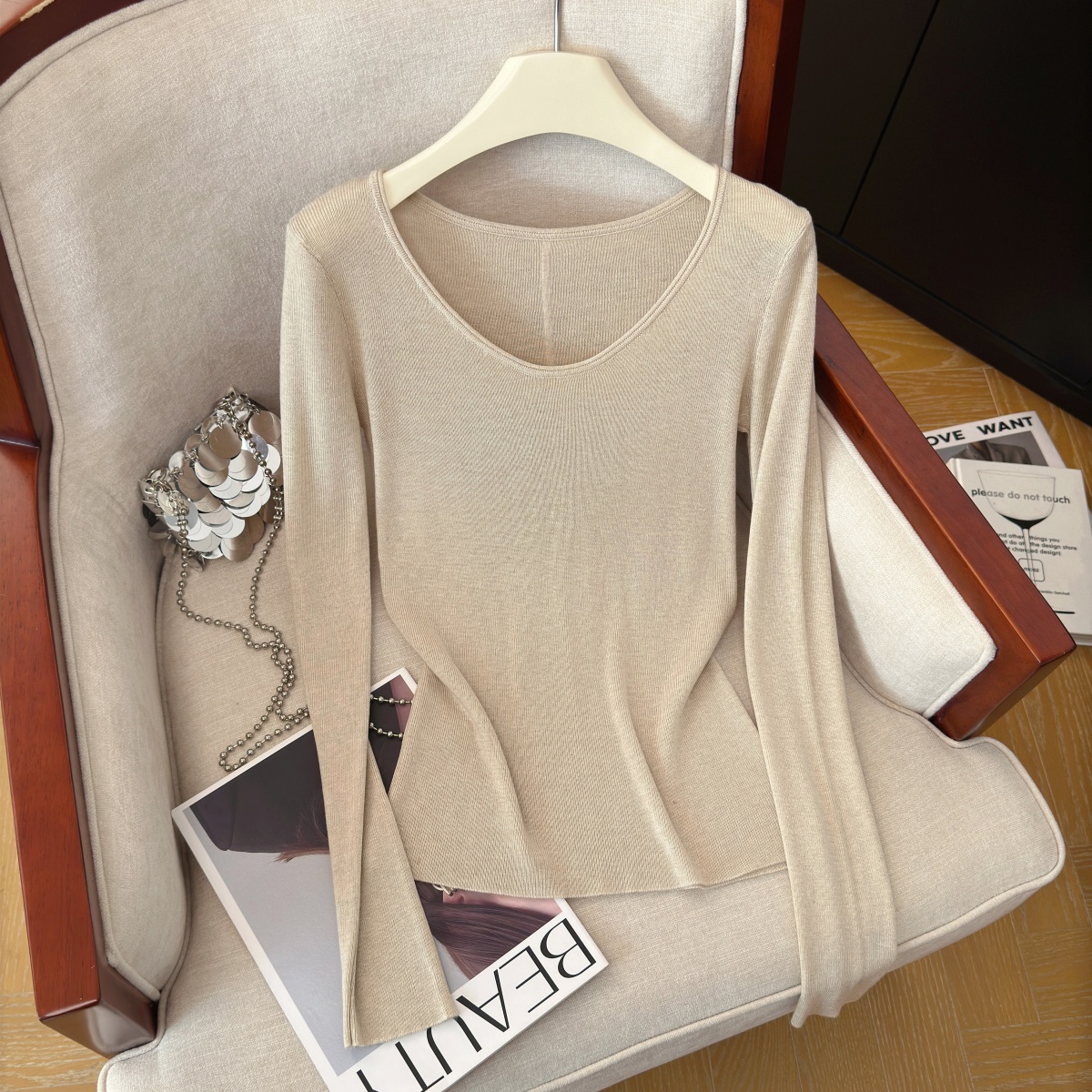 Classic Solid Color Knit Long Sleeve Top Soft Comfortable Fall Base Layer - Image 5