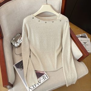 Women's Asymmetric Slant Neck Slimming Knit Top Fall 2026 Long Sleeve Pullover