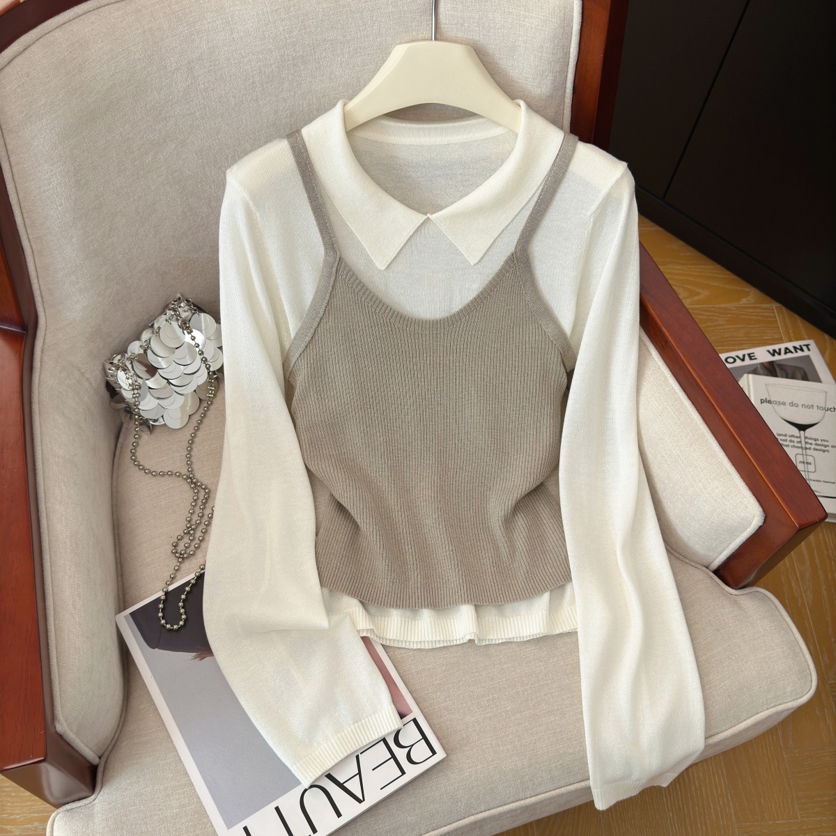 Elegant Slimming Knit Long Sleeve Two Piece Set for Women Fall New Loose Long Sleeve Layered Cami Vest Set - Image 2