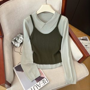 Elegant Slimming Knit Long Sleeve Two Piece Set for Women Fall New Loose Long Sleeve Layered Cami Vest Set