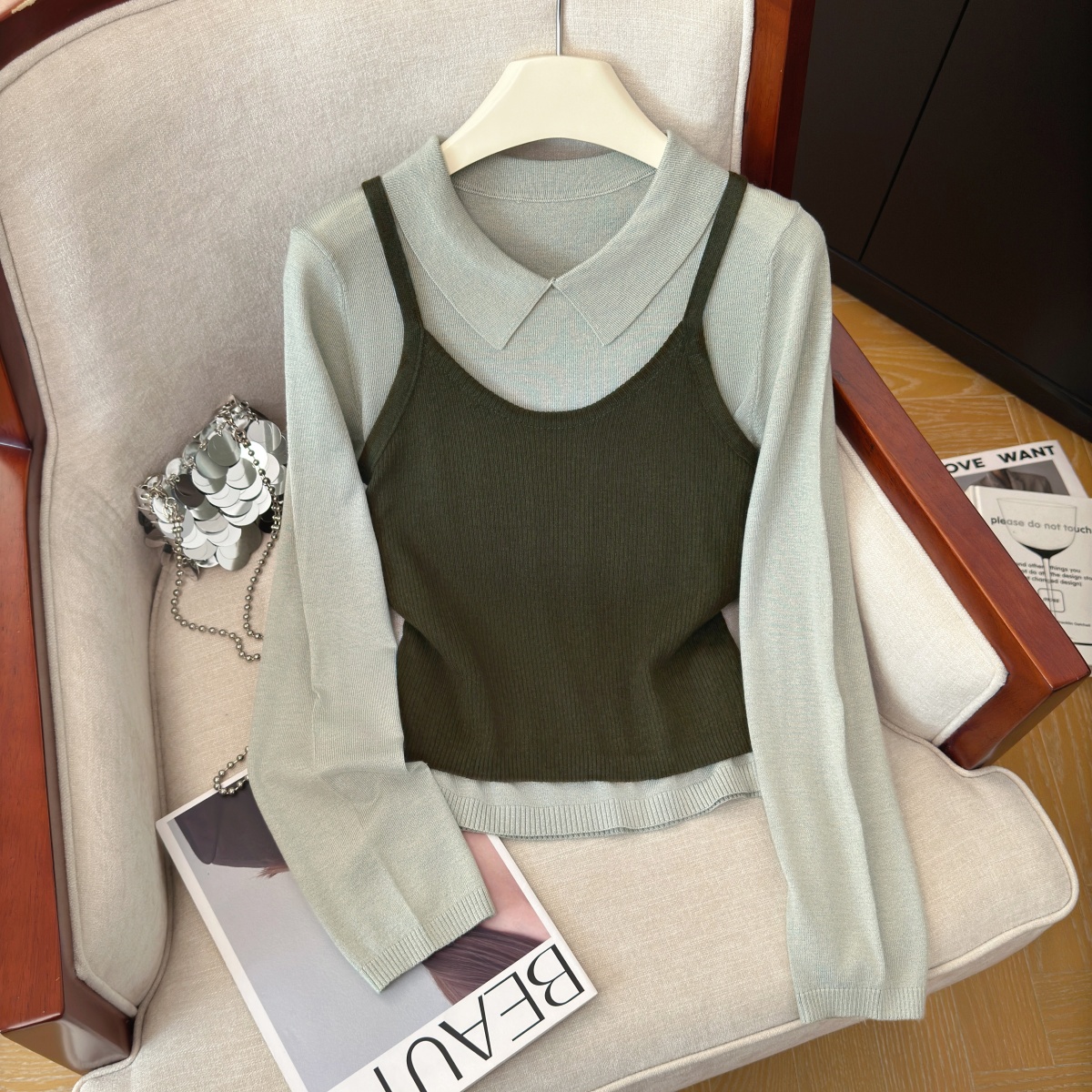 Elegant Slimming Knit Long Sleeve Two Piece Set for Women Fall New Loose Long Sleeve Layered Cami Vest Set