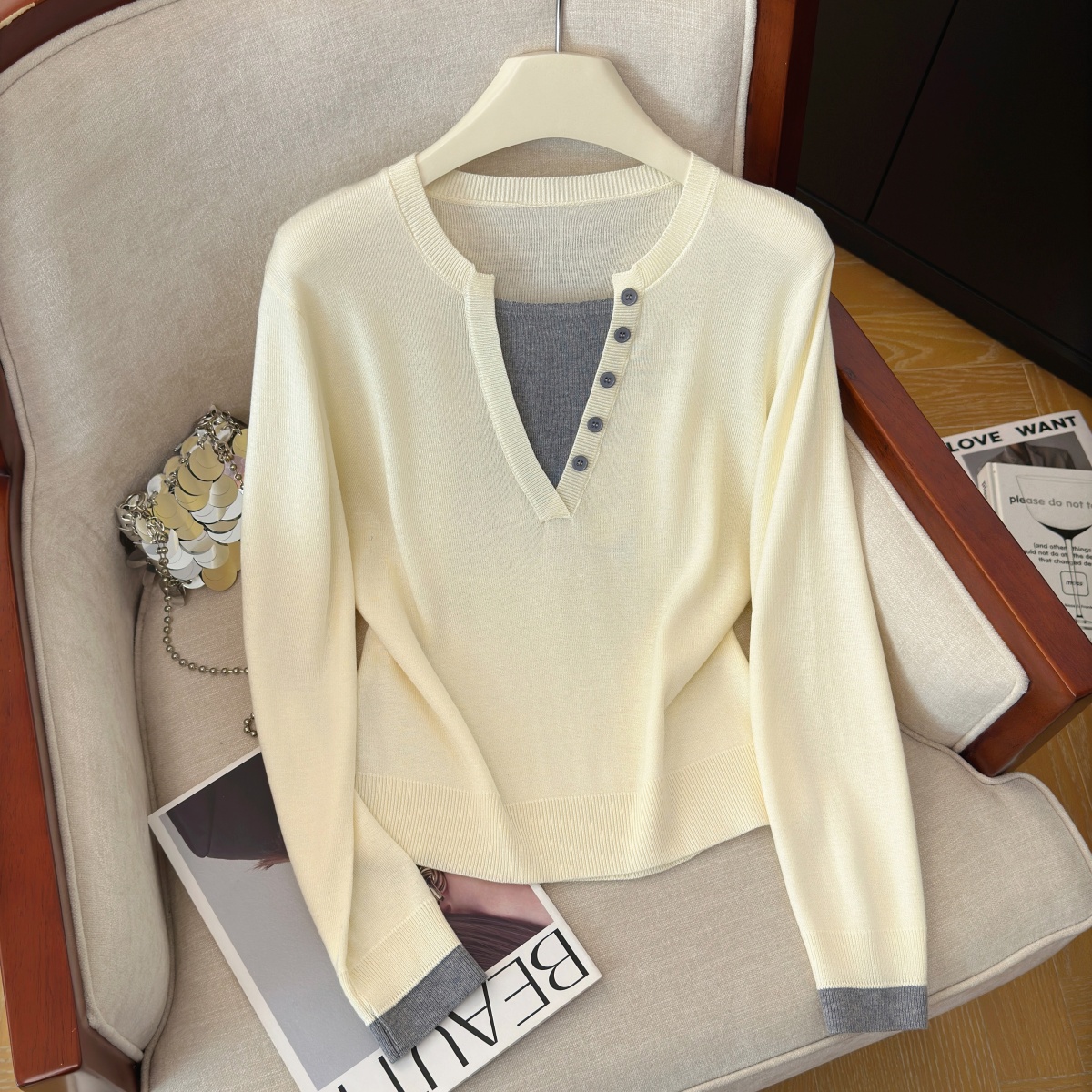 Women's Faux Two-Piece Knit Top Color Block Retro Commuter Long Sleeve - Image 2