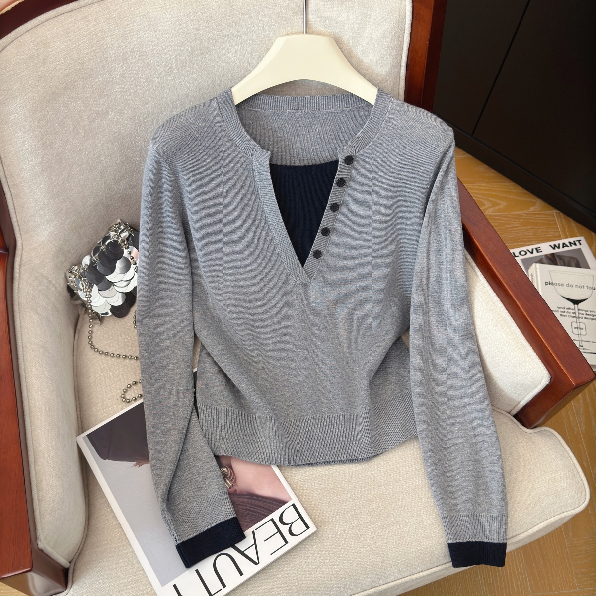 Women's Faux Two-Piece Knit Top Color Block Retro Commuter Long Sleeve - Image 4