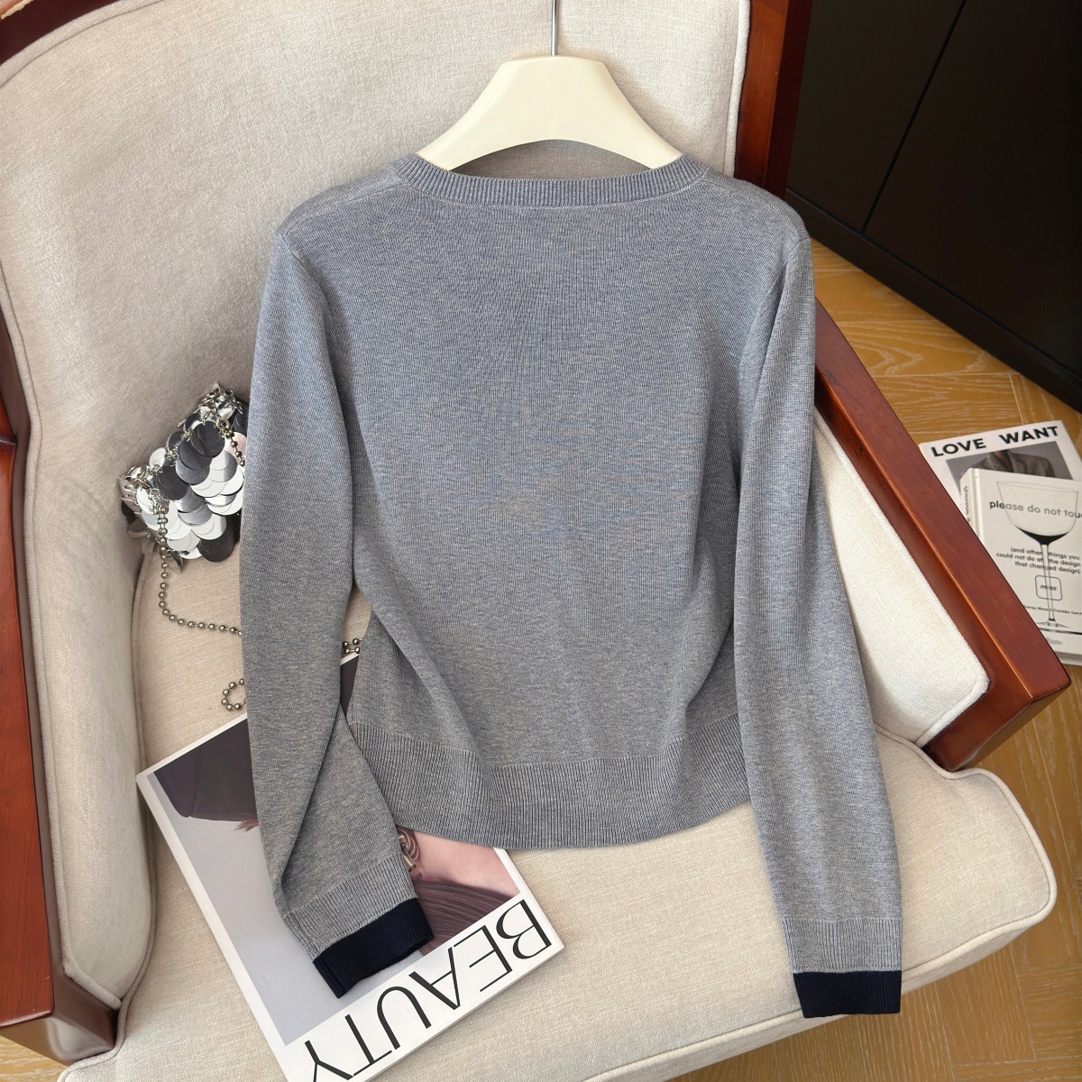 Women's Faux Two-Piece Knit Top Color Block Retro Commuter Long Sleeve - Image 5