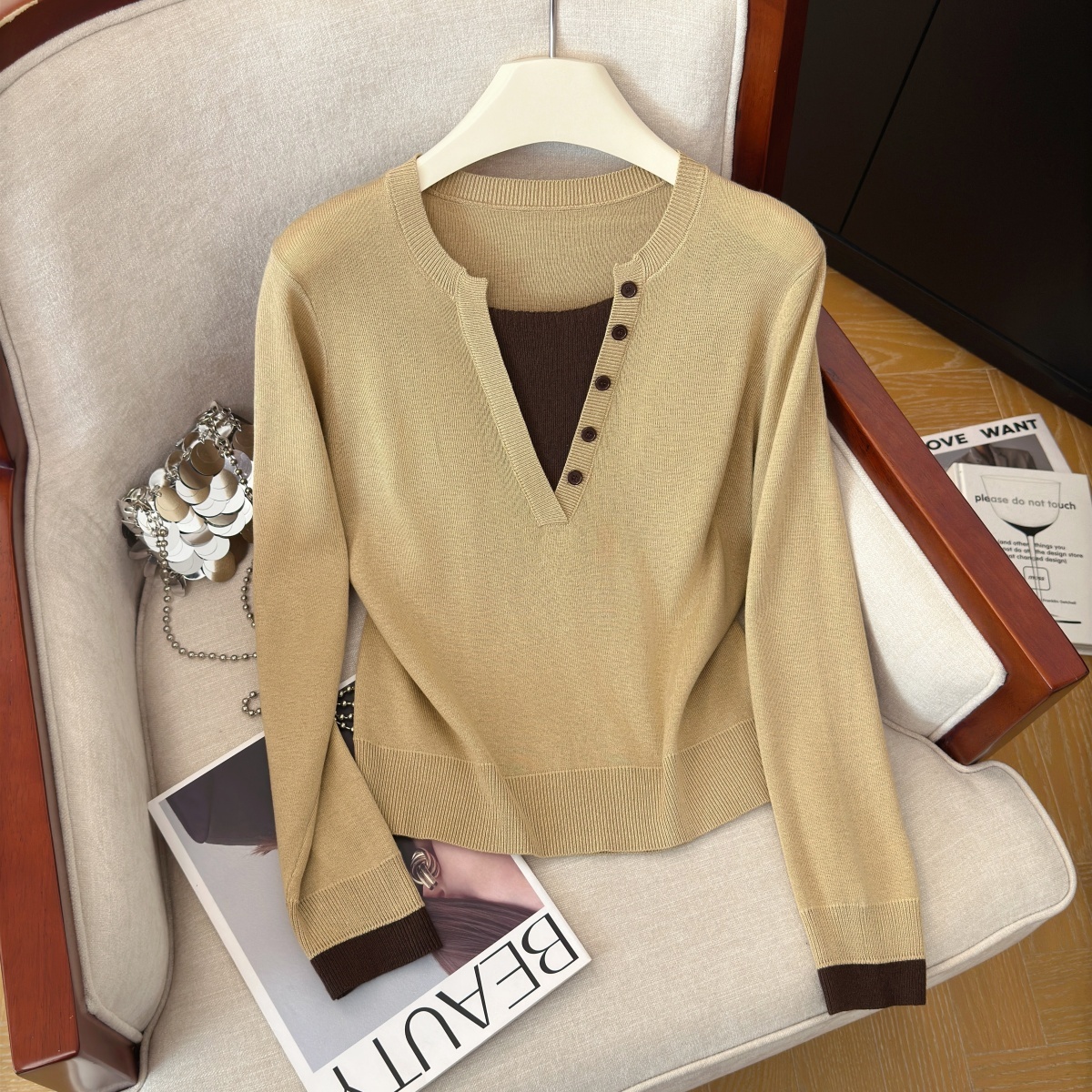 Women's Faux Two-Piece Knit Top Color Block Retro Commuter Long Sleeve - Image 3