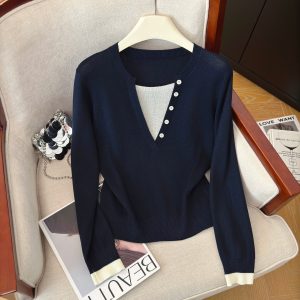 Women's Faux Two-Piece Knit Top Color Block Retro Commuter Long Sleeve