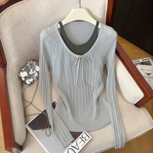 Women's Faux Two-Piece Knit Top Slimming Versatile Drawstring Long Sleeve 2026 Early Autumn New