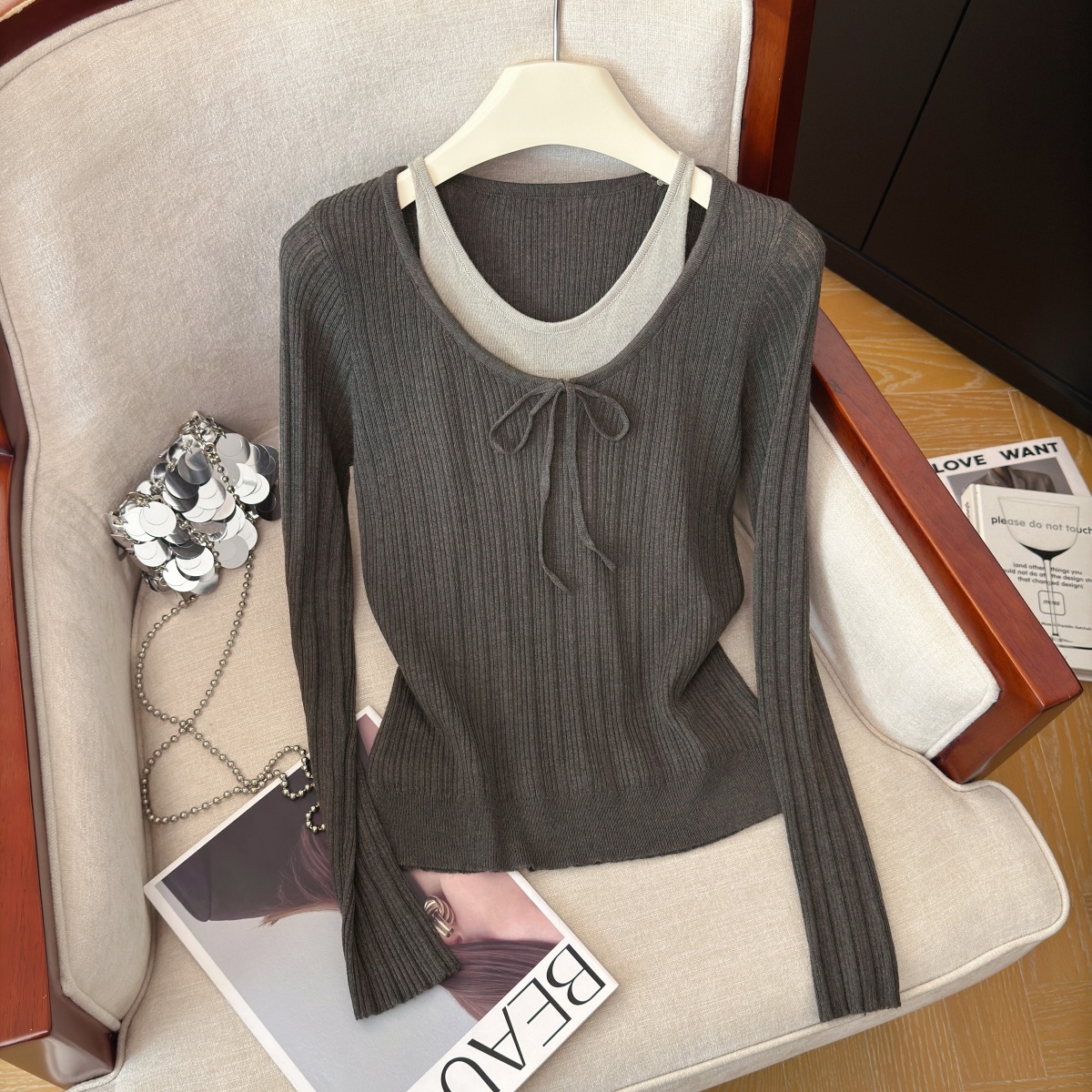Women's Faux Two-Piece Knit Top Slimming Versatile Drawstring Long Sleeve 2026 Early Autumn New - Image 3