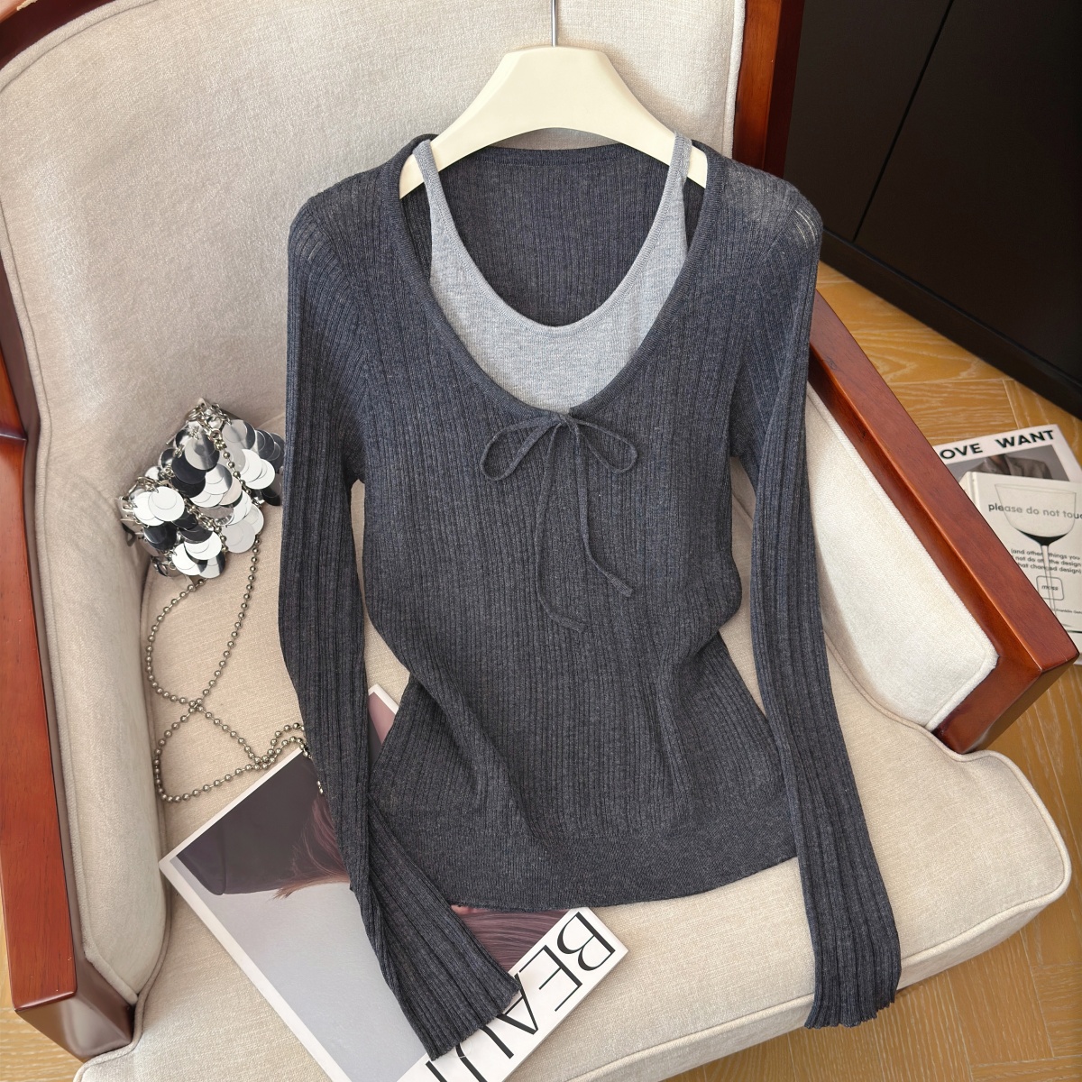 Women's Faux Two-Piece Knit Top Slimming Versatile Drawstring Long Sleeve 2026 Early Autumn New - Image 2