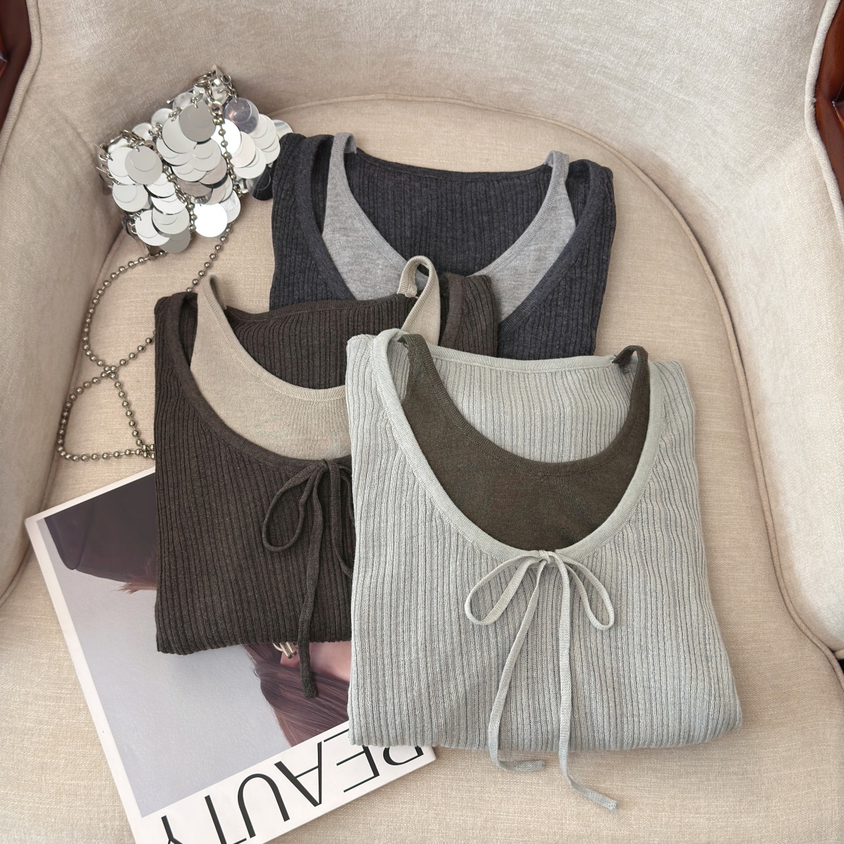Women's Faux Two-Piece Knit Top Slimming Versatile Drawstring Long Sleeve 2026 Early Autumn New - Image 5