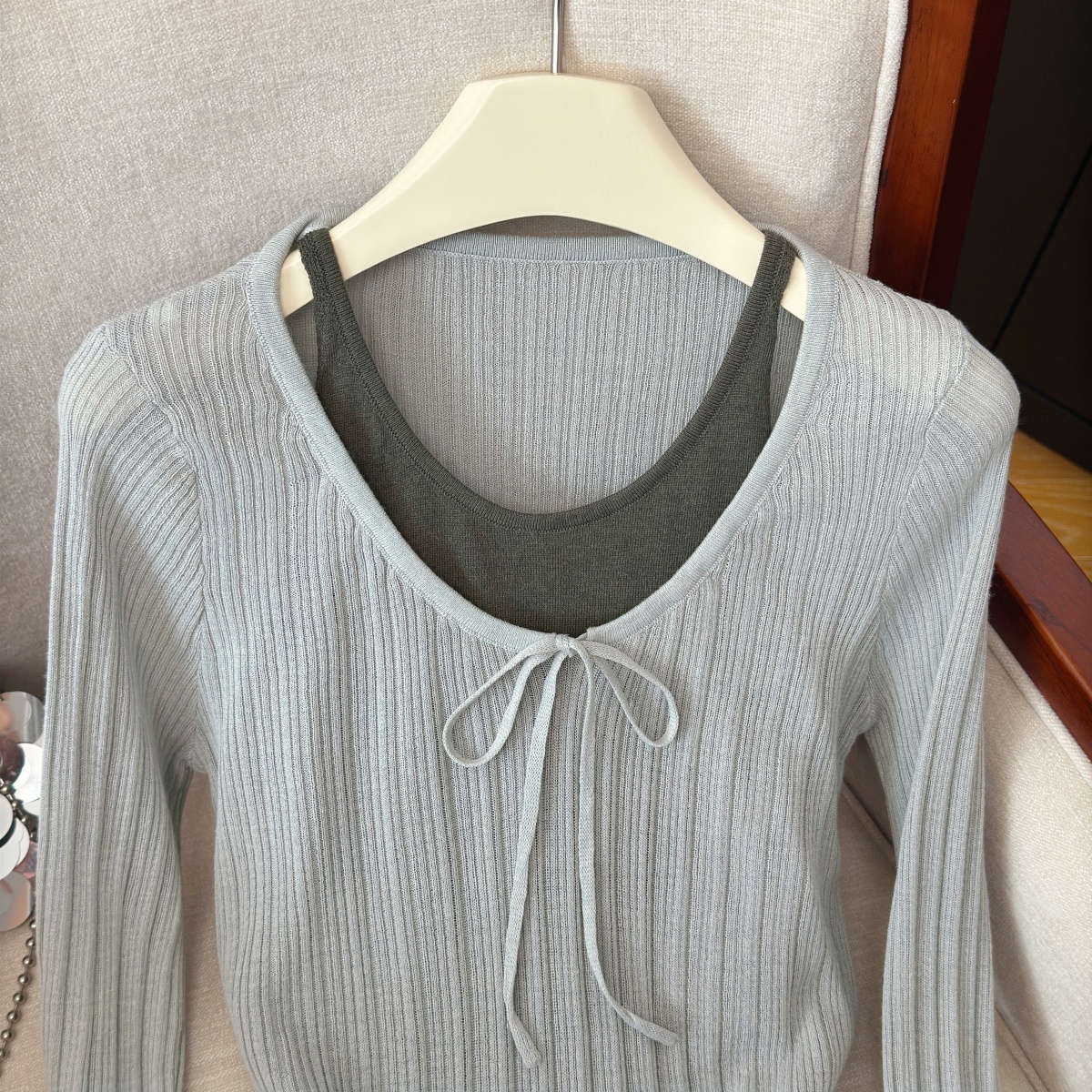 Women's Faux Two-Piece Knit Top Slimming Versatile Drawstring Long Sleeve 2026 Early Autumn New - Image 4