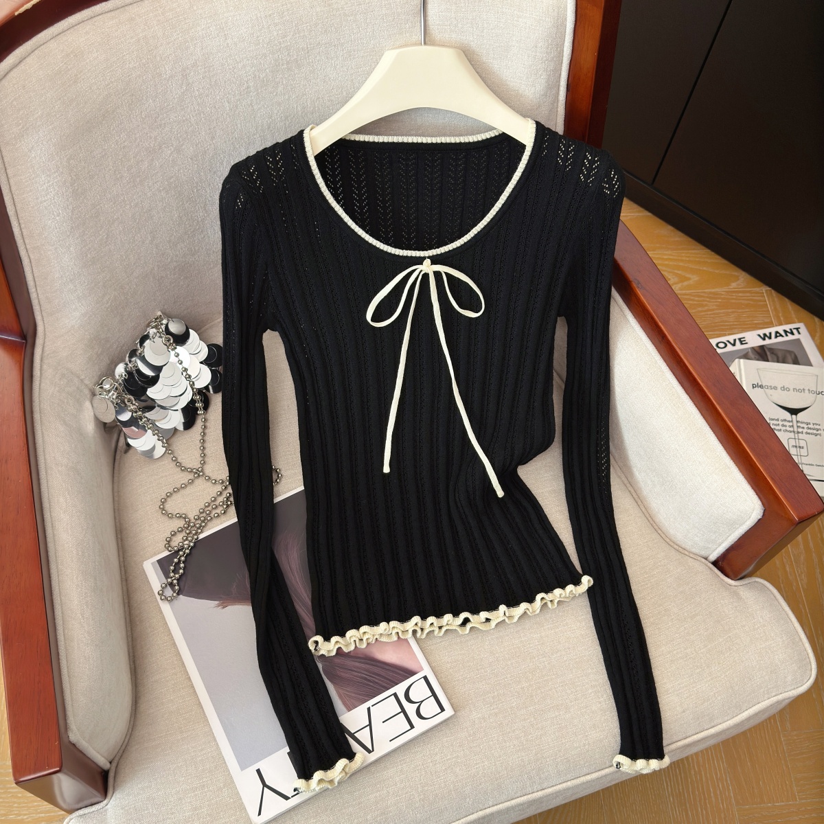 Women's Color Block Knit Top with Tie Detail Long Sleeve Fall 2026 - Style 3bede6 - Image 3